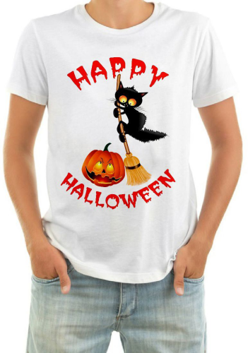 Изображение Футболка мужская Happy Halloween, кошка на метле