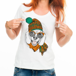 Футболка женская Собака в оранжевой шапке, шарфике и очках