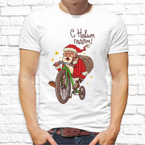 Изображение Футболка мужская Дед Мороз на велосипеде