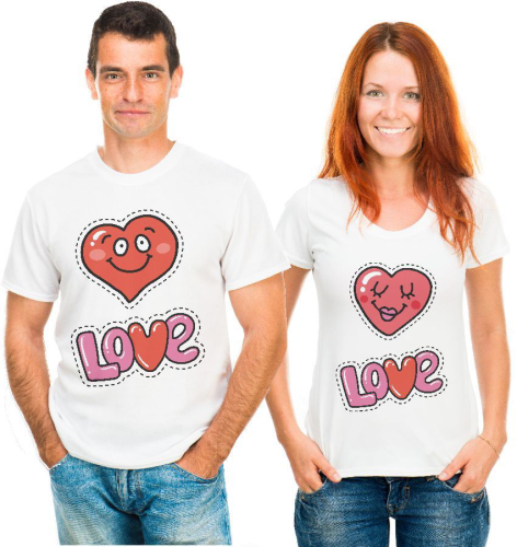 Изображение Парные футболки для двоих Love, сердечки смайлики 
