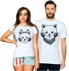 Парные футболки для двоих Кошка с рожками, кот в шарфе