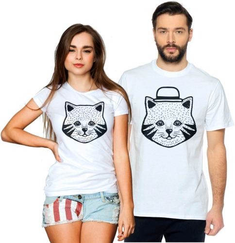 Изображение Парные футболки для двоих Кошка, кот в шляпе