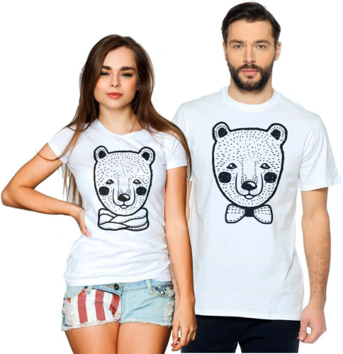 Изображение Парные футболки для двоих Медведица в шарфе, медведь в бабочке