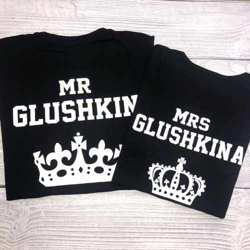 Изображение Футболки Mr Glushkin Mrs Glushkina с коронами - Ваши фамилии на заказ